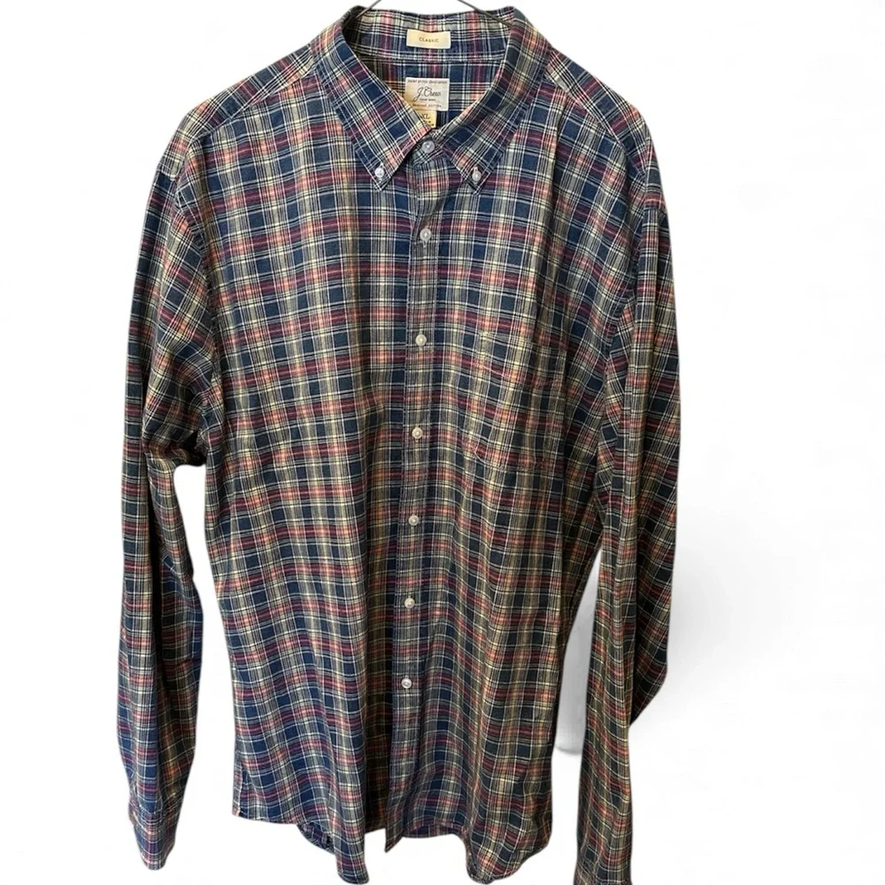 J. Crew Men's Organic Cotton Indigo Chambray Plaid Shirt XL